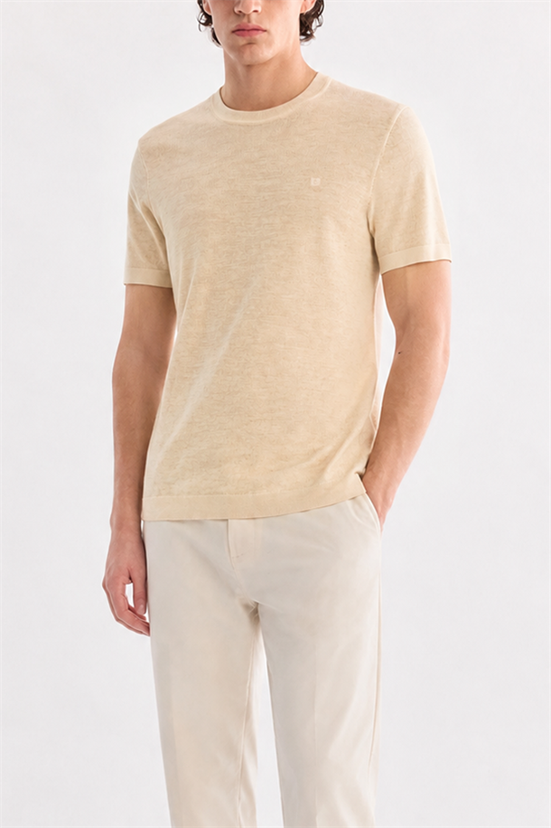 Bej Bisiklet Yaka Triko T-Shirt 