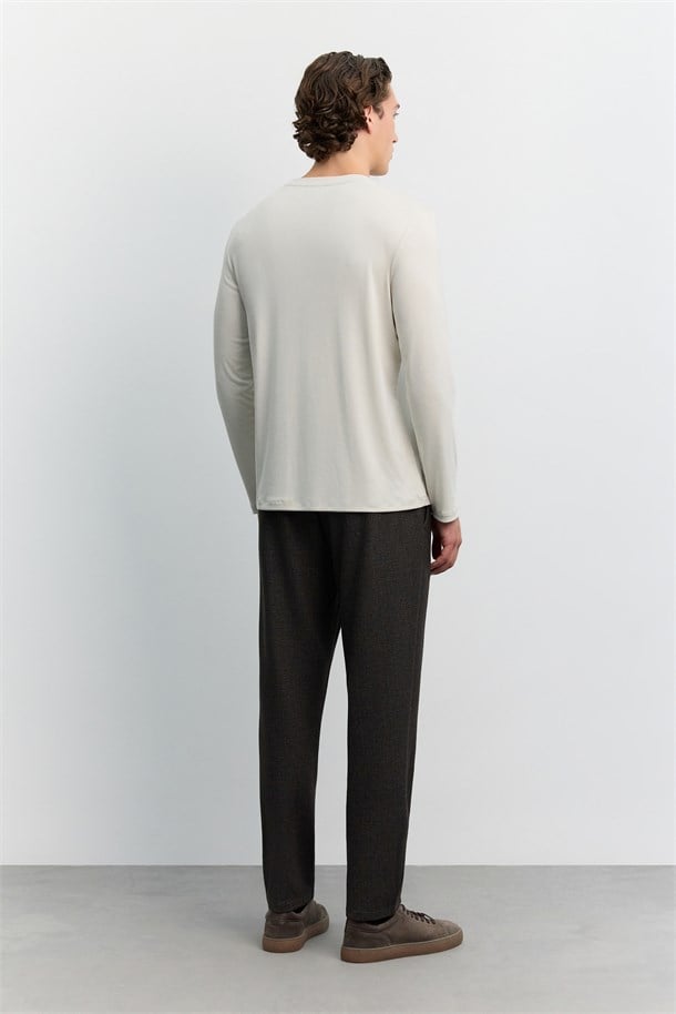 Bej Bisiklet Yaka Uzun Kol Basic Modal T-Shirt
