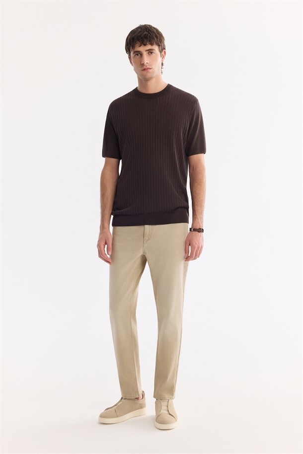 Bej Eskitme Yıkamalı Pamuklu Elastan Jean Pantolon