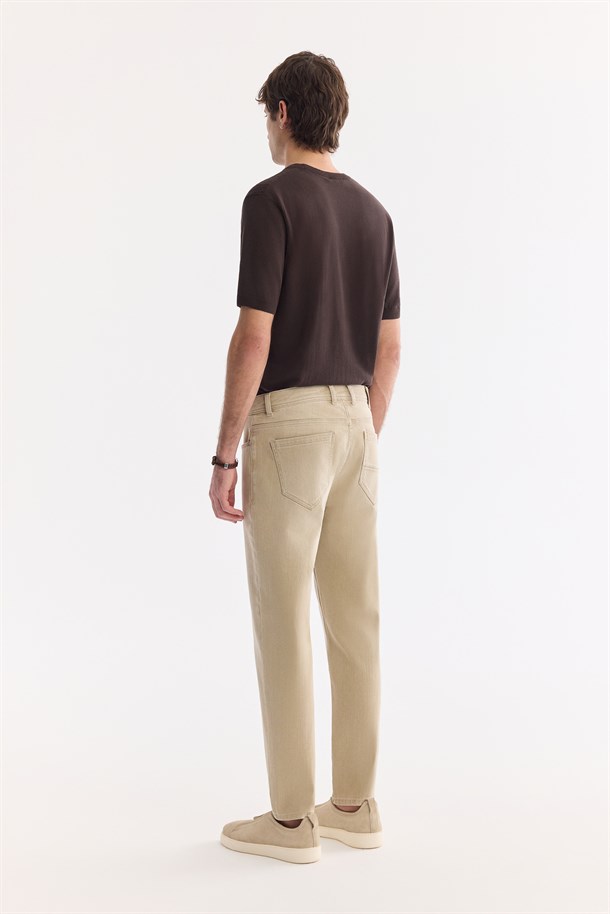 Bej Eskitme Yıkamalı Pamuklu Elastan Jean Pantolon