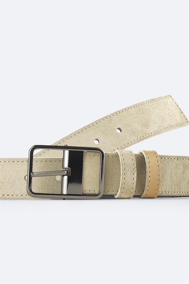 Bej %100 Süet Deri Çift Taraflı Kemer