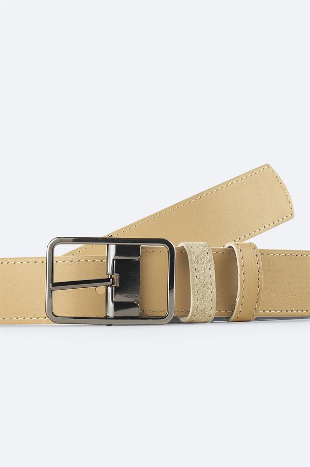Bej %100 Süet Deri Çift Taraflı Kemer