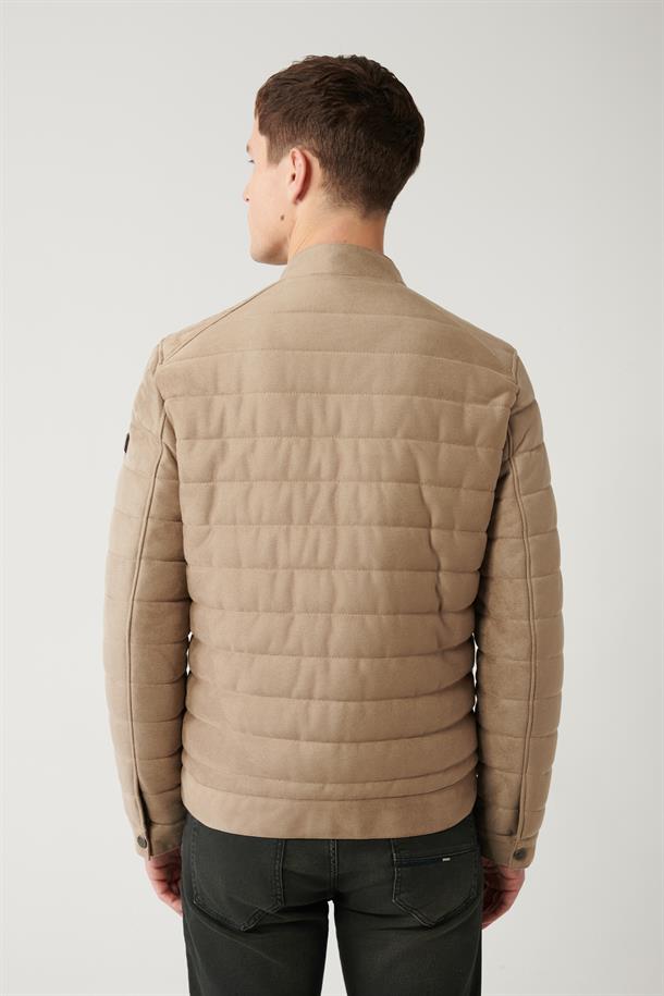 Bej Dik Yaka Kapitone Elyaflı İnce Mont