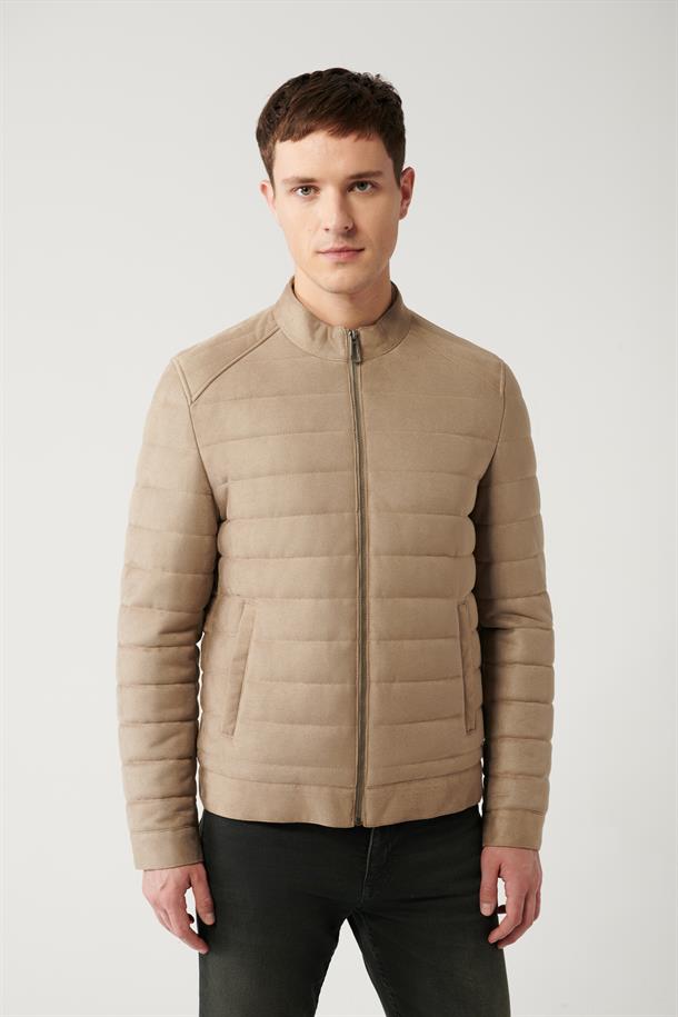 Bej Dik Yaka Kapitone Elyaflı İnce Mont