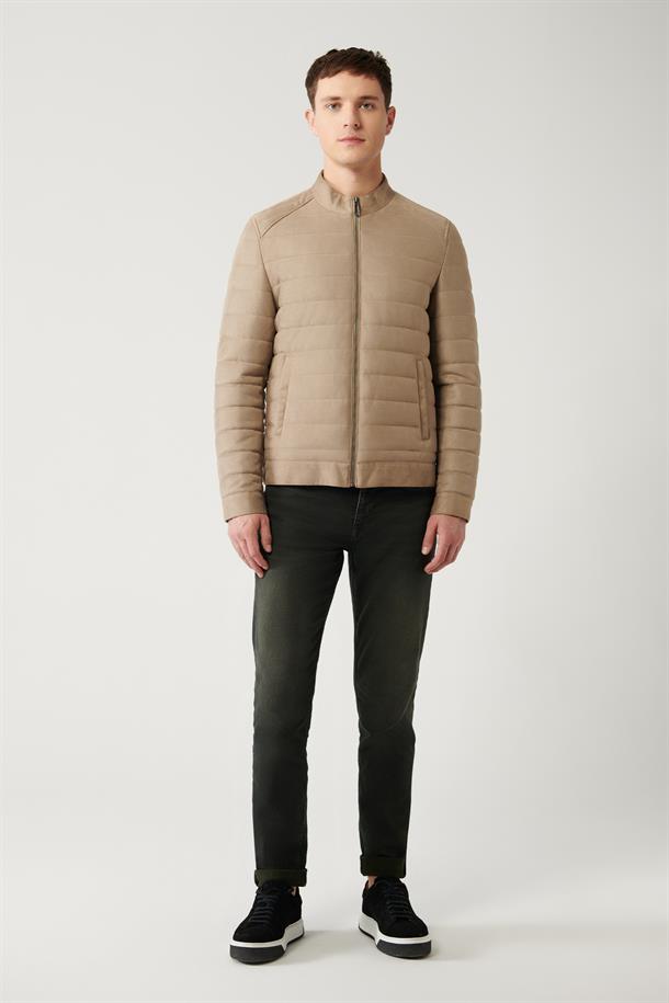 Bej Dik Yaka Kapitone Elyaflı İnce Mont