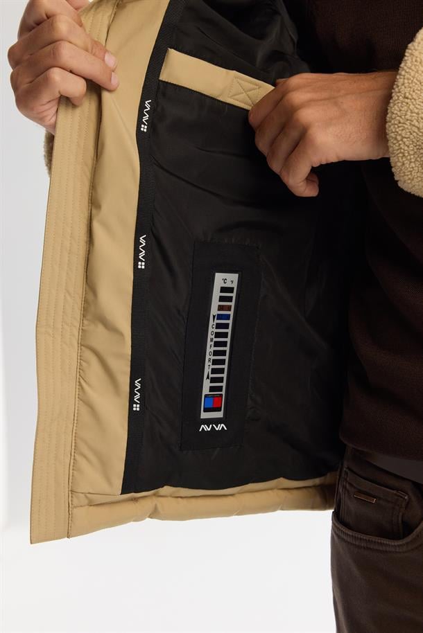 Beige Windproof Fleece Detail Padded Jacket
