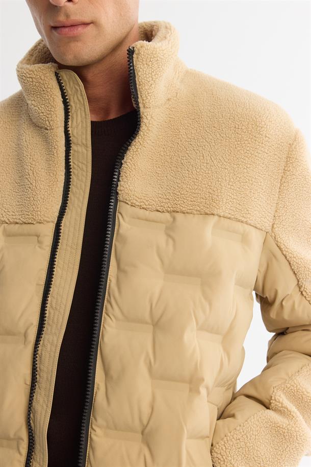 Beige Windproof Fleece Detail Padded Jacket
