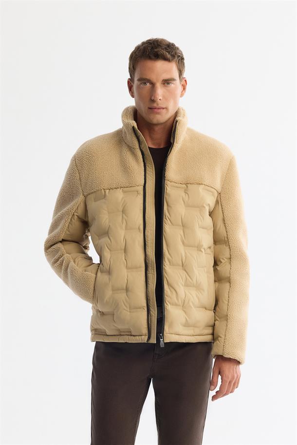 Beige Windproof Fleece Detail Padded Jacket