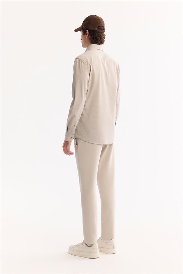 Bej Düğmeli Yaka Bi-Stretch Kolay Ütülenen Çizgili Gömlek