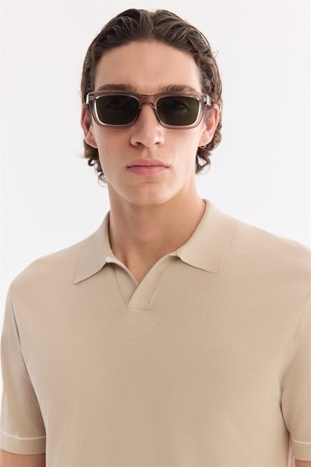 Bej Polo Yaka Düğmesiz %100 Pamuk Triko T-Shirt
