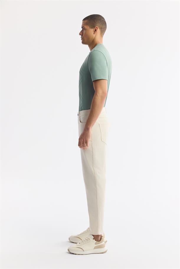 Bej Klasik Bel Pamuklu Düz Yıkamalı Jean Pantolon