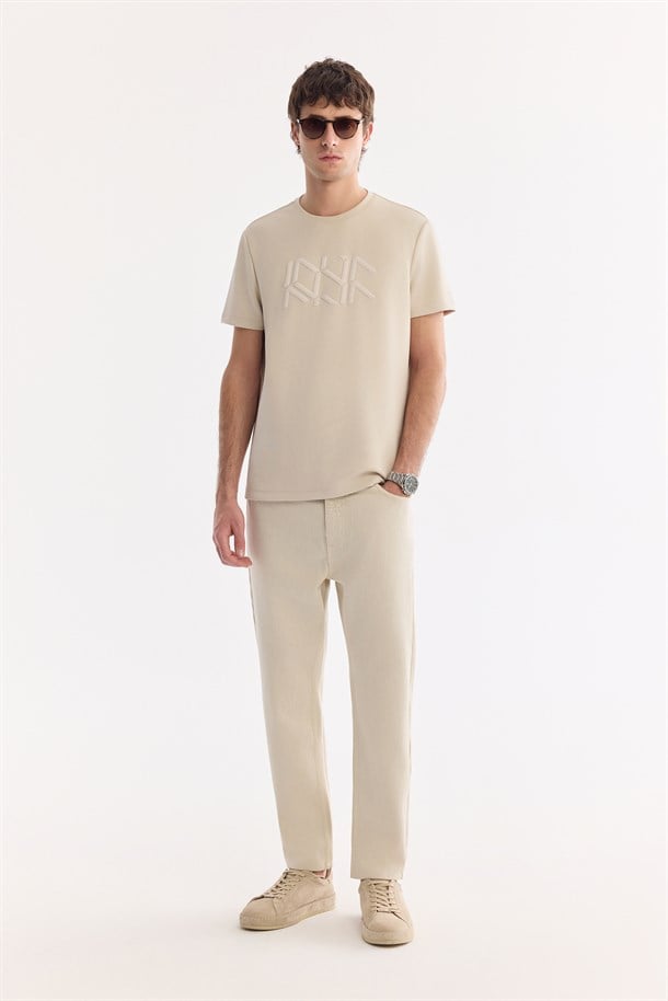 Bej Düz Yıkamalı %100 Pamuk Jean Pantolon