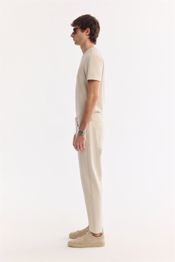 Bej Düz Yıkamalı %100 Pamuk Jean Pantolon