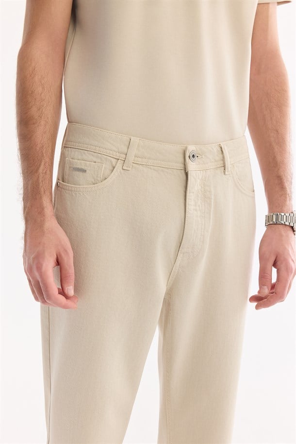 Bej Düz Yıkamalı %100 Pamuk Jean Pantolon