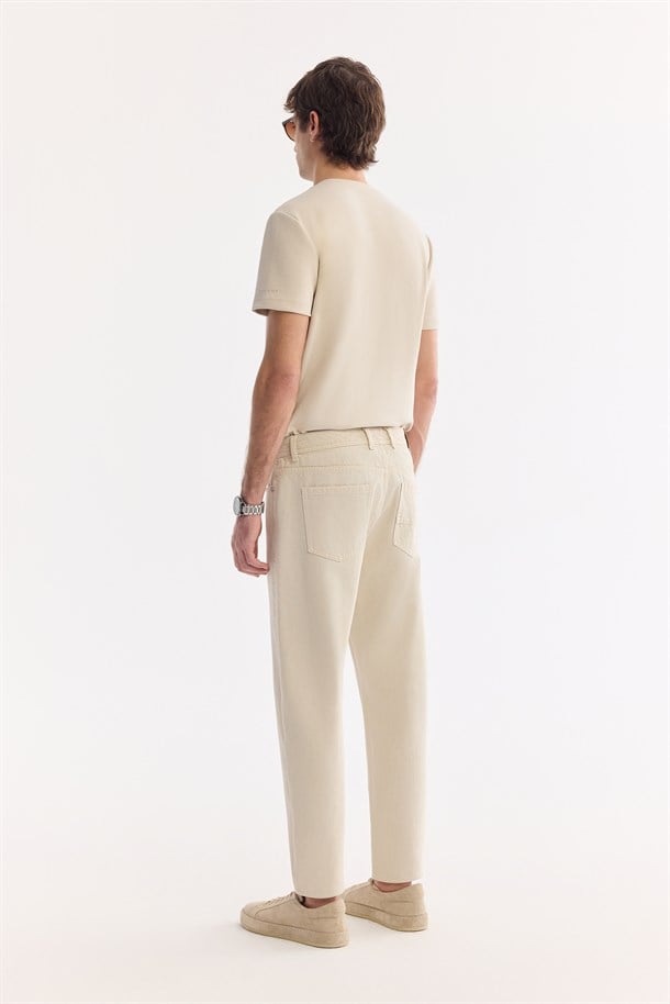 Bej Düz Yıkamalı %100 Pamuk Jean Pantolon