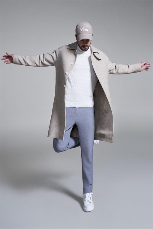 Bej Yün Karışımlı Gizli Patlı Reglan Kollu Uzun Kaşe Kaban