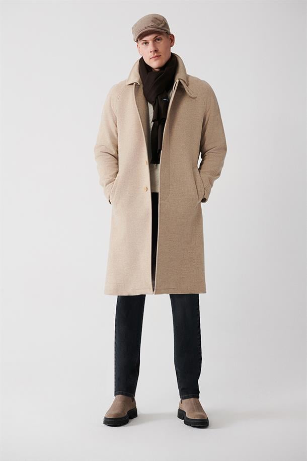Bej Yün Karışımlı Gizli Patlı Reglan Kollu Uzun Kaşe Kaban