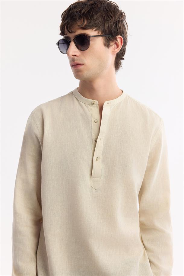Bej Hakim Yaka Keten Karışımlı Gömlek