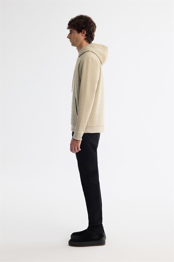 Bej Kapüşonlu Baskılı Elastan Sweatshirt