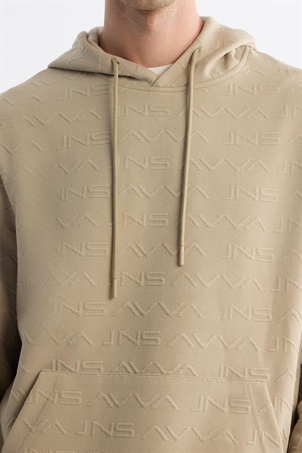 Bej Kapüşonlu Baskılı Elastan Sweatshirt