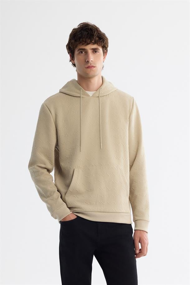 Bej Kapüşonlu Baskılı Elastan Sweatshirt