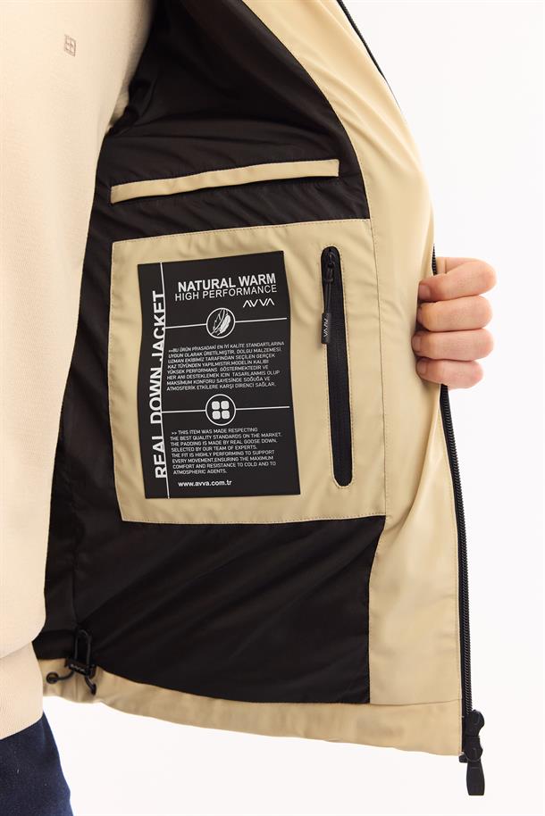 Beige Hooded Water Repellent Down Puffer Jacket Resistant to -10°C