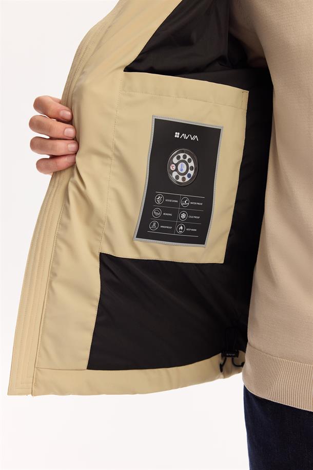 Beige Hooded Water Repellent Down Puffer Jacket Resistant to -10°C