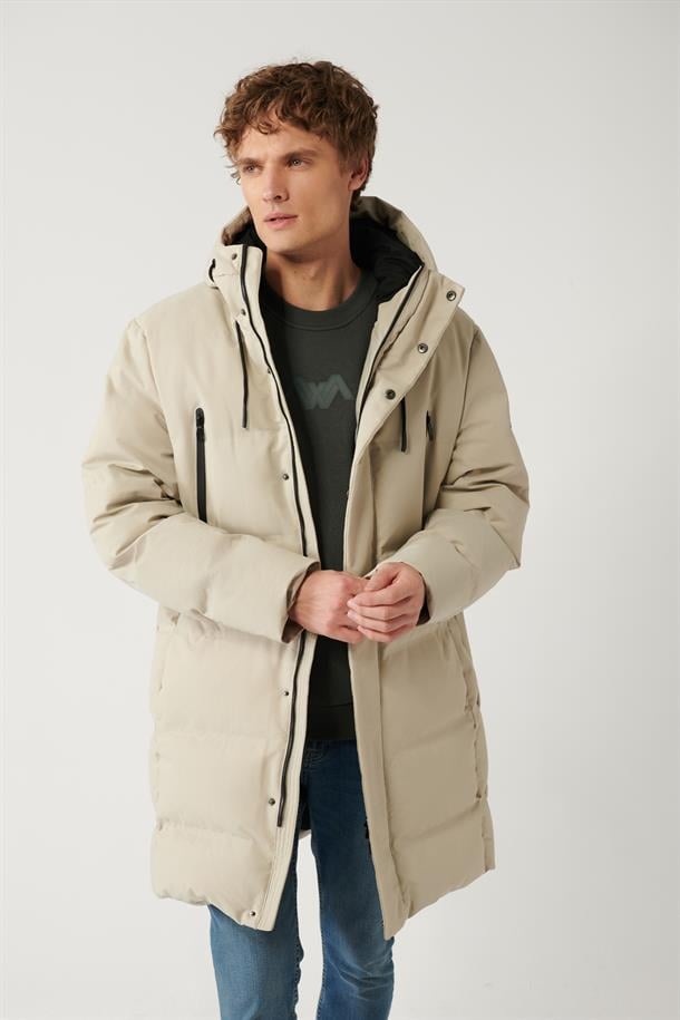 Bej Kapüşonlu Kaz Tüyü Su İtici Uzun Mont Kaban