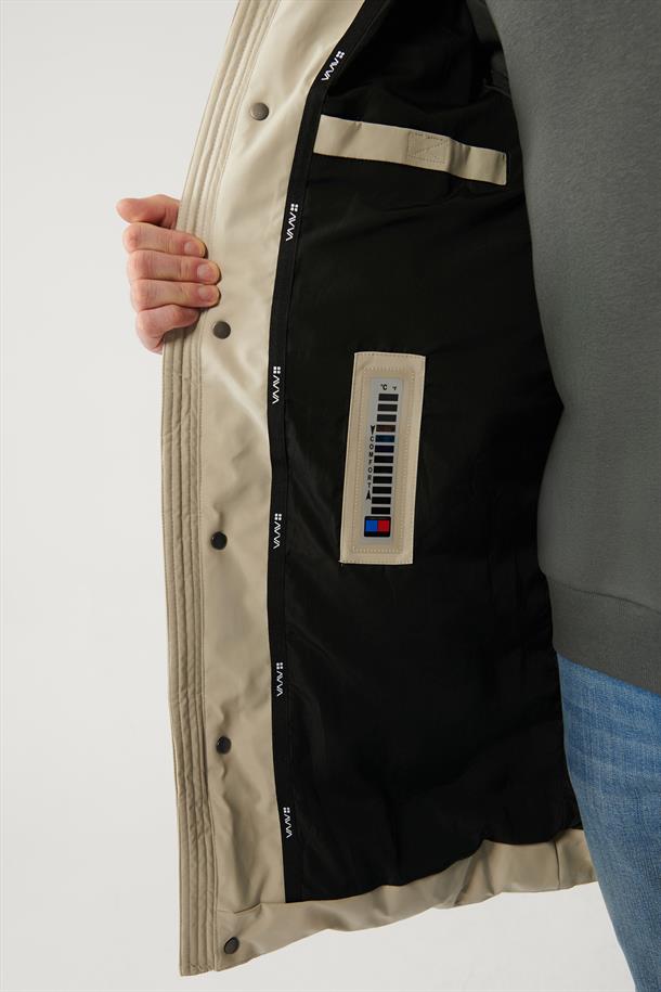 Bej Kapüşonlu Kaz Tüyü Su İtici Uzun Mont Kaban