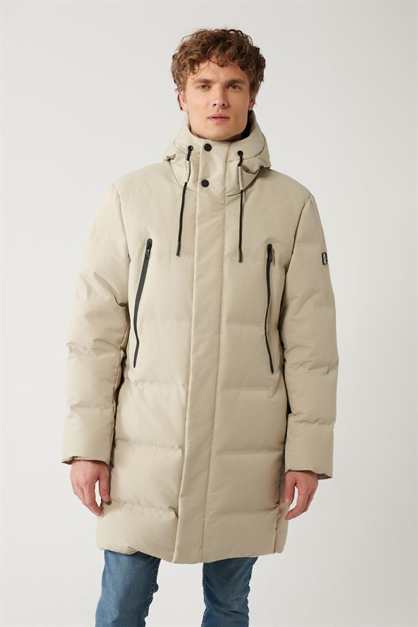 Bej Kapüşonlu Kaz Tüyü Su İtici Uzun Mont Kaban