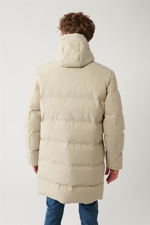 Bej Kapüşonlu Kaz Tüyü Su İtici Uzun Mont Kaban