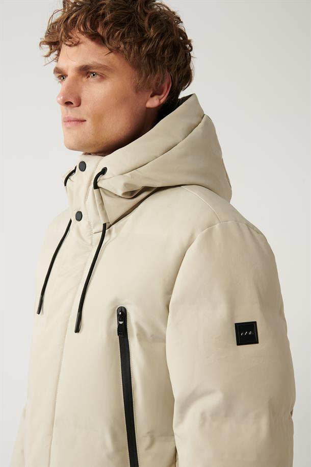 Bej Kapüşonlu Kaz Tüyü Su İtici Uzun Mont Kaban