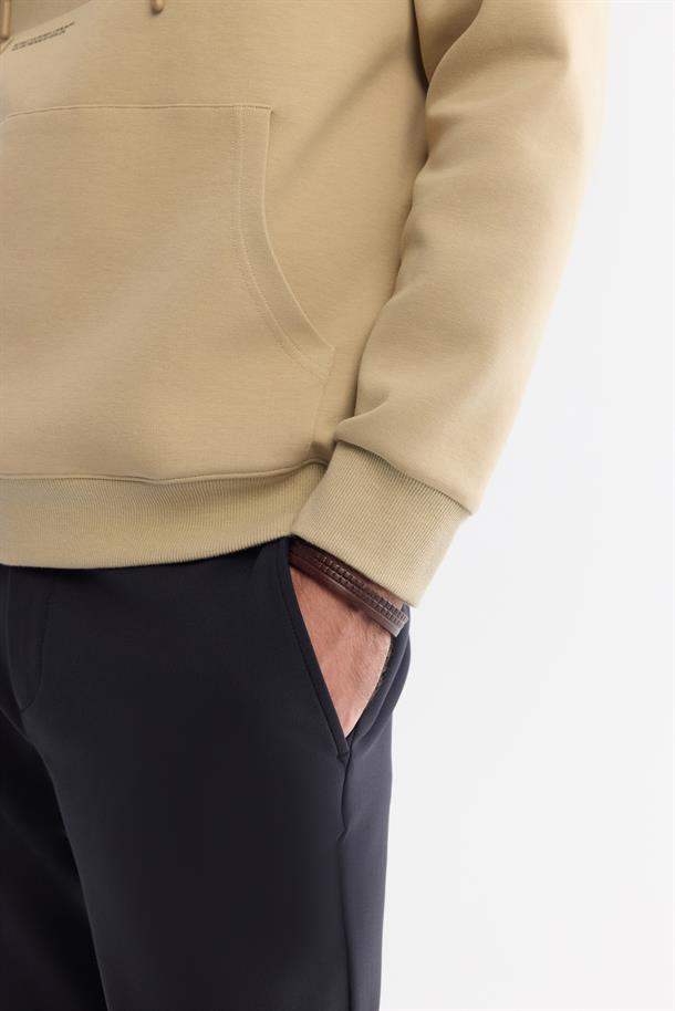 Bej Kapüşonlu Pamuklu Baskılı Elastan Sweatshirt