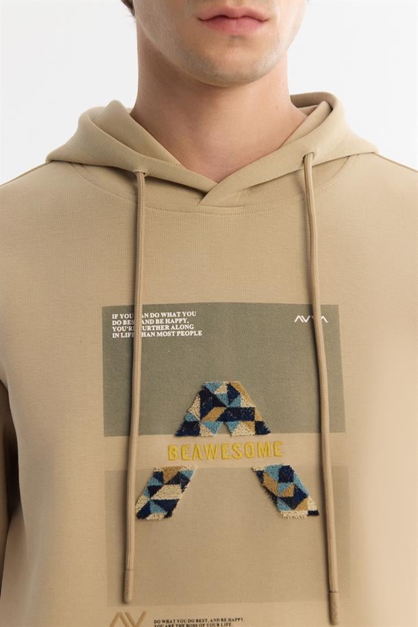Bej Kapüşonlu Pamuklu Baskılı Elastan Sweatshirt