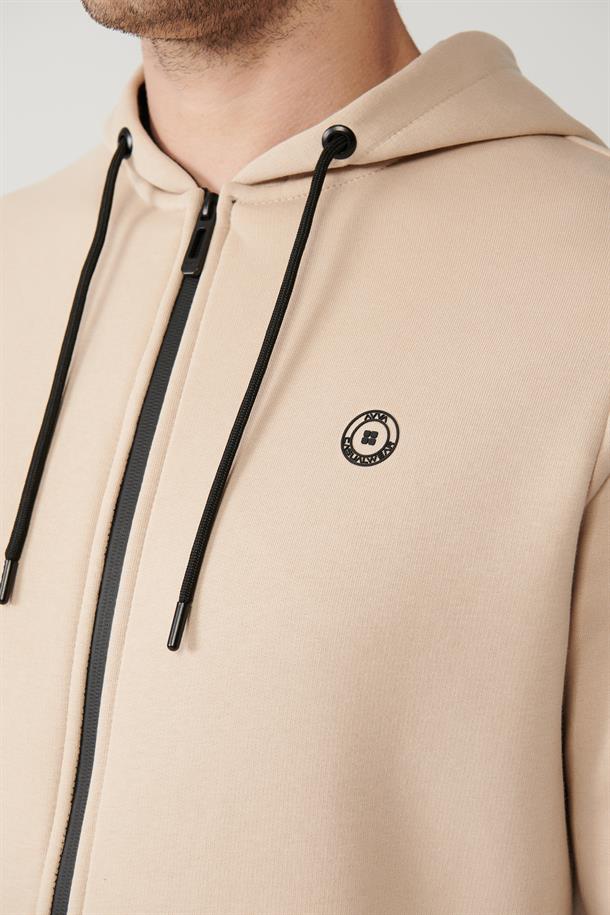 Bej Kapüşonlu 3 İplik Şardonlu Fermuarlı Sweatshirt