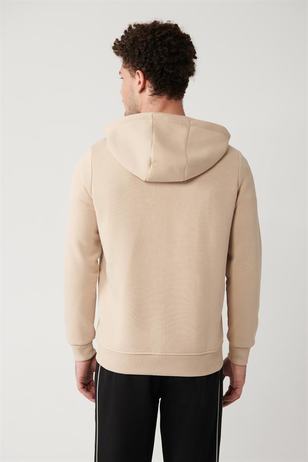 Bej Kapüşonlu 3 İplik Şardonlu Fermuarlı Sweatshirt
