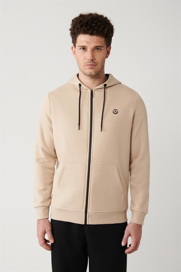 Bej Kapüşonlu 3 İplik Şardonlu Fermuarlı Sweatshirt