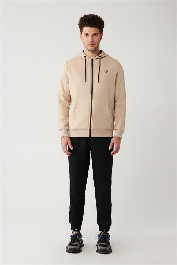 Bej Kapüşonlu 3 İplik Şardonlu Fermuarlı Sweatshirt