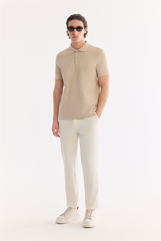 Bej Kıvrılmaz Polo Yaka %100 Pamuk Basic T-Shirt