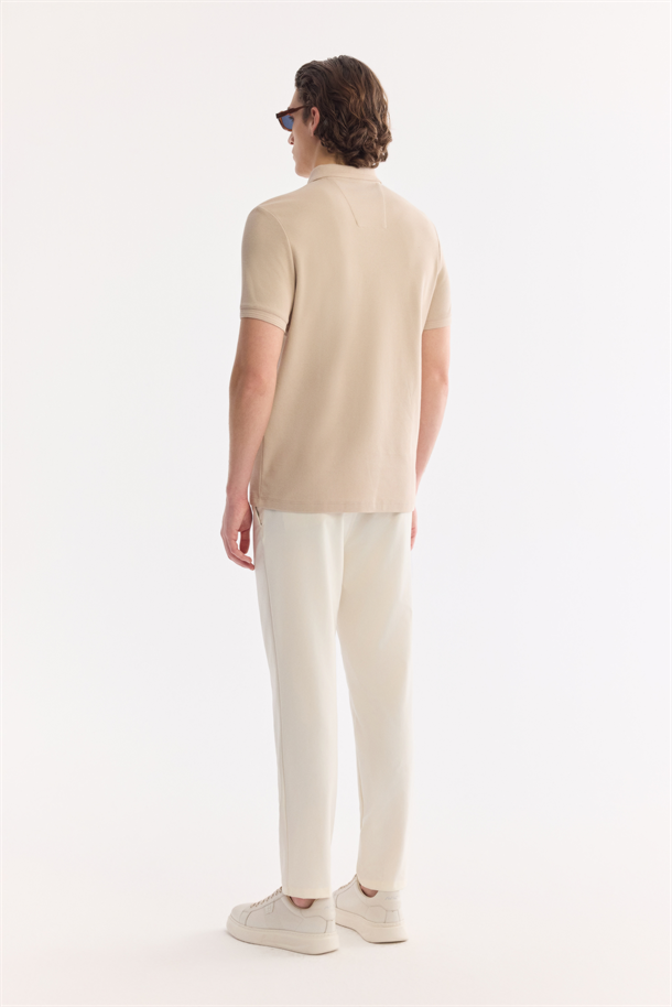 Bej Kıvrılmaz Polo Yaka %100 Pamuk Basic T-Shirt