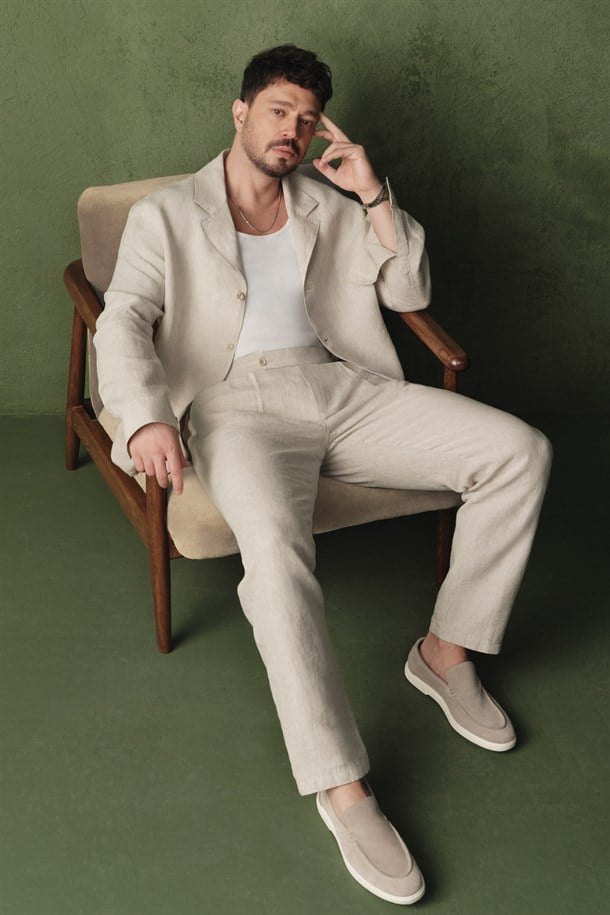 Bej Klasik Bel %100 Keten Nefes Alan Pantolon