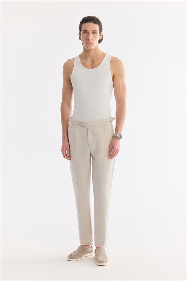Bej Klasik Bel %100 Keten Nefes Alan Pantolon
