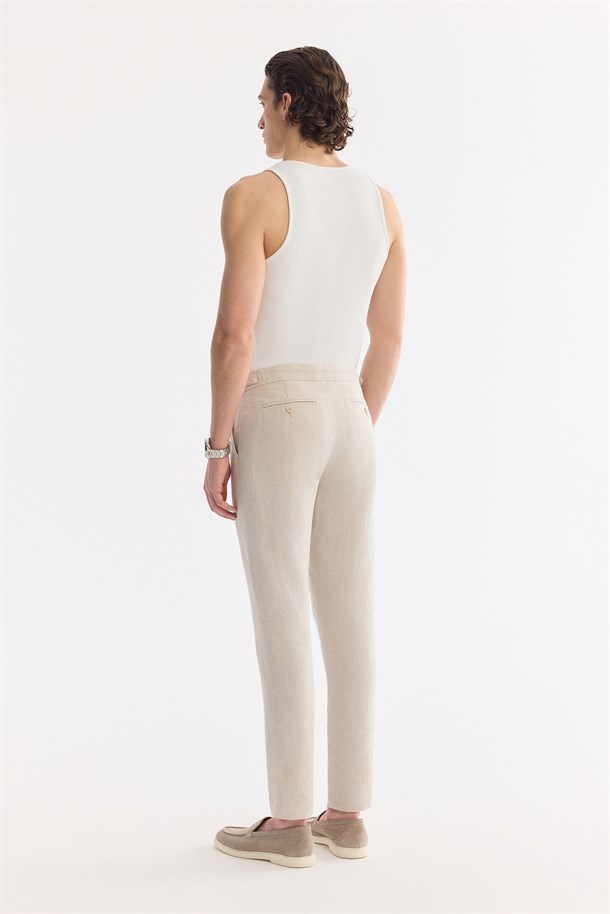 Bej Klasik Bel %100 Keten Nefes Alan Pantolon