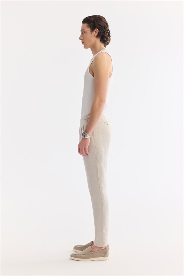 Bej Klasik Bel %100 Keten Nefes Alan Pantolon