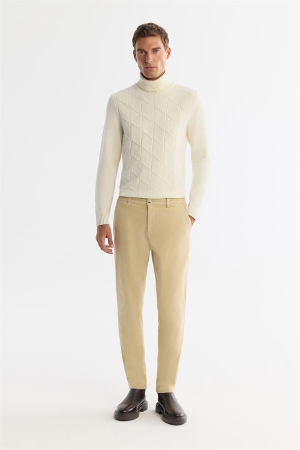 Bej Klasik Bel Kalın Fitilli Kadife Chino Pantolon