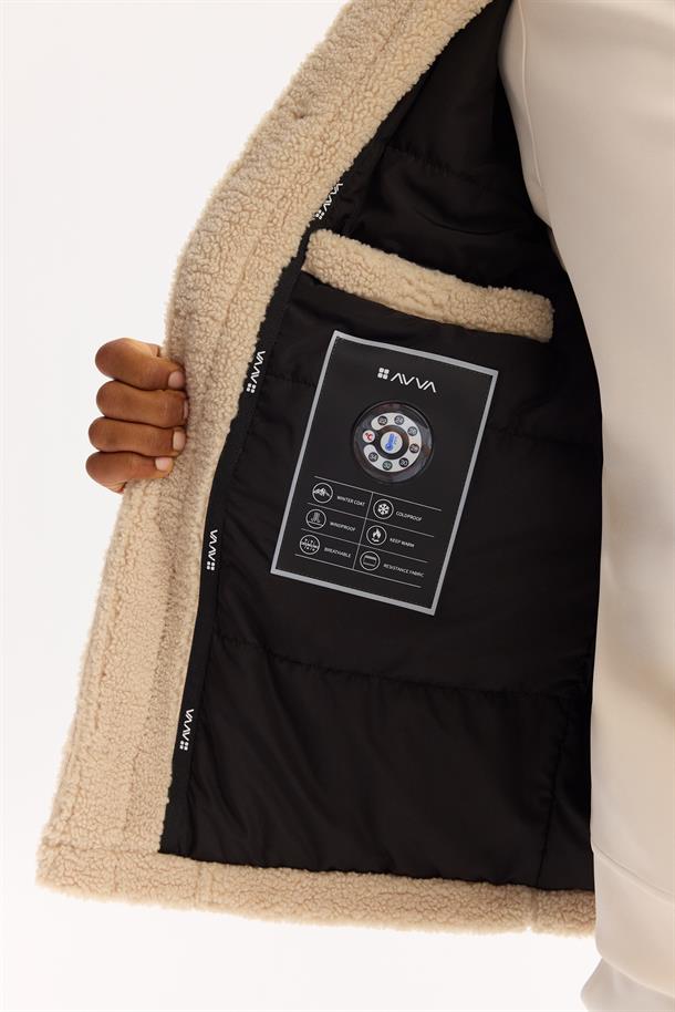 Bej Klasik Yaka Rüzgar Geçirmez -4 Dereceye Dayanıklı Peluş Mont