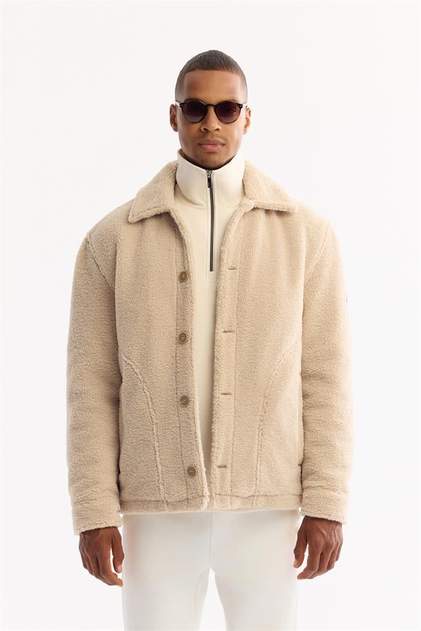 Bej Klasik Yaka Rüzgar Geçirmez -4 Dereceye Dayanıklı Peluş Mont