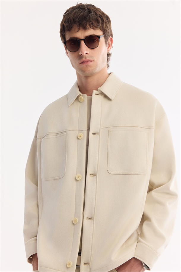 Bej Klasik Yaka Süet Dokulu Mevsimlik Mont