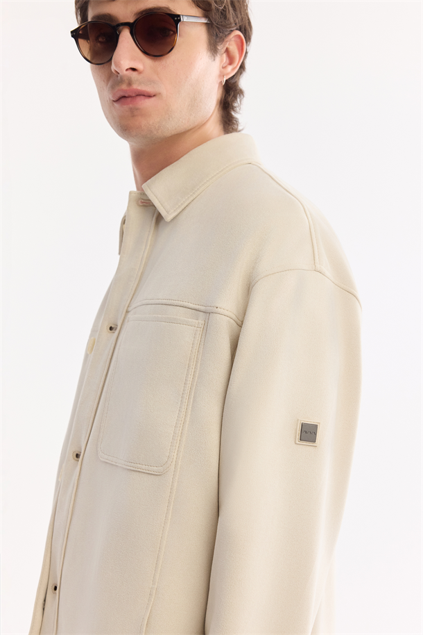 Bej Klasik Yaka Süet Dokulu Mevsimlik Mont