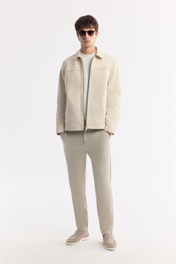 Bej Klasik Yaka Fermuarlı Süet Görünümlü İnce Mont